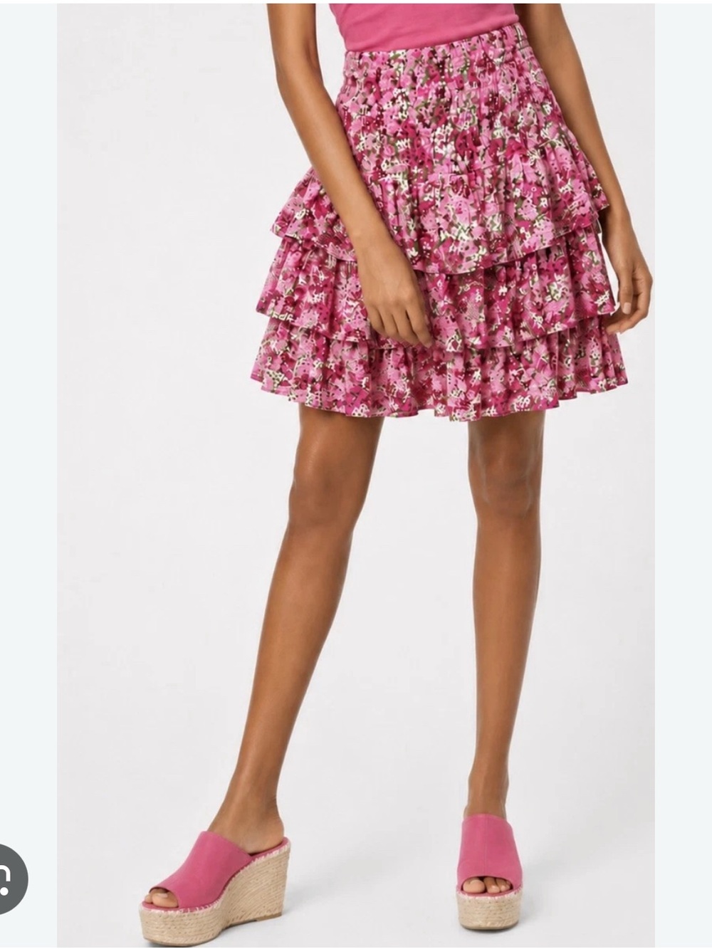 Michael Kors Pink Floral Tiered Ruffle Smocked Mini Skirt M